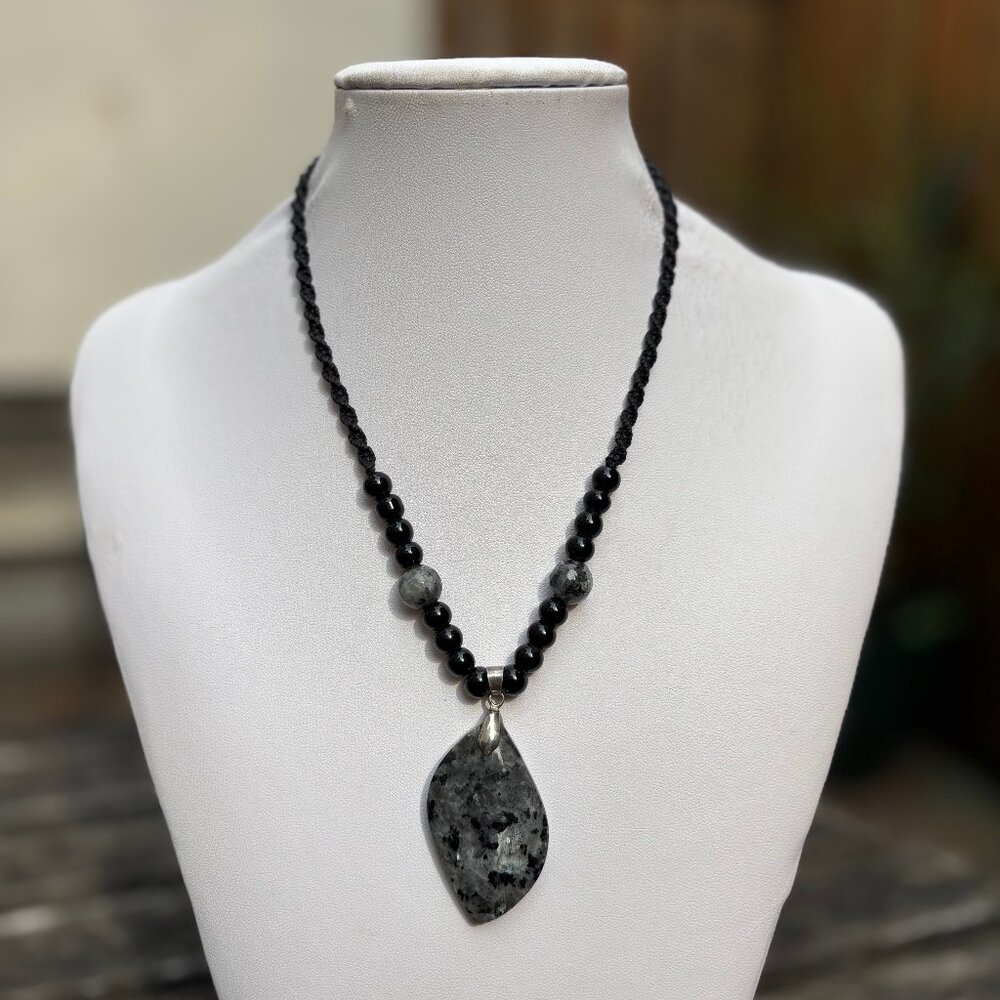 Black labradorite pendant with natural stone bead necklace.